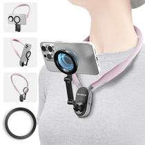 Suporte de Pescoço Magnético para Celular Sakura - Suporte para Selfie POV/Vlog - Suporte de Peito para Celular Mãos Livres - Gravação de Vídeo - Compatível com iPhone 12-16 Pro Max Plus Mini na Cor Rosa Sakura