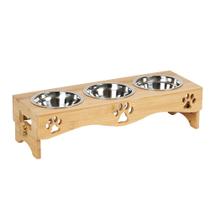 Suporte de tigela para animais de estimação elevado com 3 tigelas de aço inoxidável de madeira
