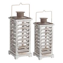 Suporte de vela Benzara, conjunto de 2 lanternas de madeira, metal, branco