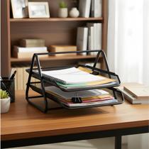Suporte Documentos Mesa Escritório Tela Metálica Preta 2 Andares Bandeja Dupla Papéis Pastas Arquivo Aramado Resistente Organização Home Office
