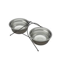Suporte Duplo Comedouro Pet Aramado Aço Preto Fosco Pote Médio Inox - 1484 Stolf