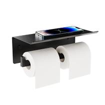 Suporte duplo para papel higiênico FreshGlow com prateleira preta fosca Suporte duplo para papel higiênico FreshGlow com prateleira preta fosca