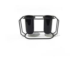 Suporte em Metal Duplo Preto com Vaso Preto em Cerâmica - 24,5 X 13,5cm