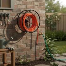 Suporte Enrolador De Mangueira 50m Giratorio Aço Para Muro Parede Jardim Industrial Preto Praticidade Organização