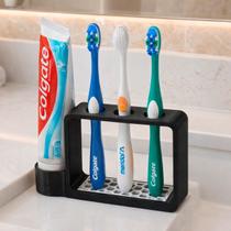 Suporte escovas de dentes preto com porta pasta lateral Suporte escovas de dentes preto com porta pasta lateral