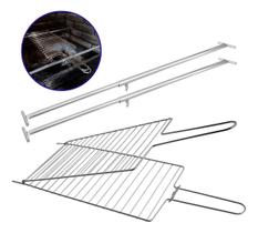 Suporte Extensor Para Churrasqueira Espetos Grill + 1 Grelha Dupla Abaulada Peixes Frangos Carnes e Assados