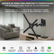 Suporte fixo de parede monitor tv com movimentos triarticulado e com inclinação para telas de 10 a 55 polegadas
