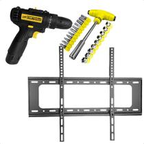 Suporte Fixo de Parede TV 40 a 80 até 75kg + Parafusadeira 12V Bivolt + Kit Ferramentas 24 Peças