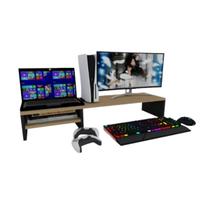 Suporte Monitor Gamer Duplo Mesa Setup Amadeirado C/ Preto 100x25x15