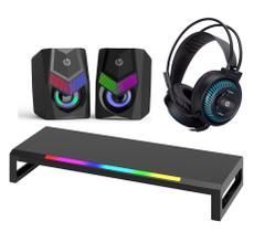 Suporte Monitor Iluminado , Caixa De Som Hp Dhe-6000 Rgb, 6w , Headset Gamer Hp, Usb / P2 Blue Light
