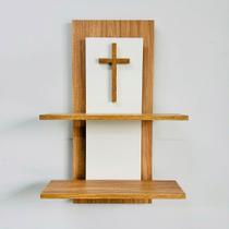 Suporte Nicho de Parede Cantinho de Oração Oratório para Imagem - Madeirado/Branco - 68x45x12cm Suporte Nicho de Parede Cantinho de Oração Oratório para Imagem - Madeirado/Branco - 68x45x12cm