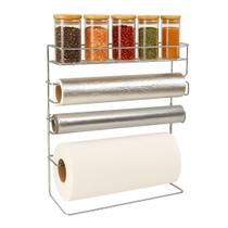 Suporte Organizador 5 em 1 Porta Rolos em Aço Cromado com 5 Potes Porta Temperos Tampa Bambu 90ml - Aramig Suporte Organizador 5 em 1 Porta Rolos em Aço Cromado com 5 Potes Porta Temperos Tampa Bambu 90ml - Aramig