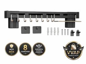 Suporte Organizador Cozinha 50cm Aço Inox Preto 8 Ganchos Porta Utensílios Parede