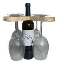 Suporte Organizador Vinho E Taças Madeira Pinus 4 Taças