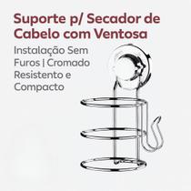 Suporte p/ Secador de Cabelo com Ventosa Instalação Sem Furos Cromado Resistente e Compacto Future by BSMIX