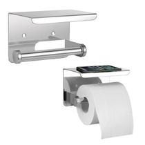 Suporte Papel Higienico Inox Banheiro Lavabo Kit 2 unidades Apoio Celular Porta Objeto Prateleira Multiuso Resistente Organizaçao Parede