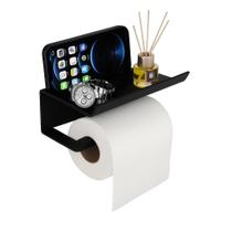 Suporte Papel Higiênico Premium Apoio Para Celular de Banheiro Fixo na Parede com ou Sem Furos Aço Inox Cor Preto