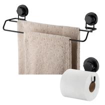 suporte papel higienico toalheiro duplo com ventosa preto