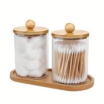 Suporte para Cotonete de Bambu com Bandeja - 2 Peças - Organizador de Algodão