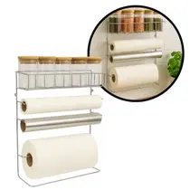 Suporte Para Cozinha 4 em 1 Aço Cromado Porta Rolos com 5 Potes Vidro Hermético Tampa Bambu 90ml - Mundial Casa