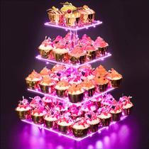 Suporte para cupcakes YestBuy, torre de acrílico de 4 camadas com LED rosa claro