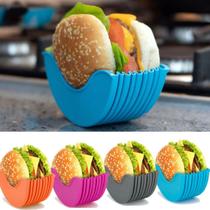 Suporte para Hamburguer em Silicone Reutilizável Retrátil Lavável Várias Cores Coma Seu Hamburguer com Mais Estilo