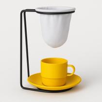 Suporte para Mini Coador de Café com Xícara e Pires Preto com Amarelo Suporte para Mini Coador de Café com Xícara e Pires Preto com Amarelo