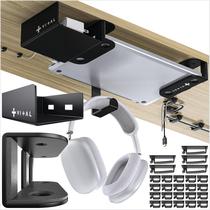 Suporte para notebook VI+AL para fixação sob a mesa com compartimento de armazenamento e organizador de cabos Suporte para notebook VI+AL para fixação sob a mesa com compartimento de armazenamento e organizador de cabos