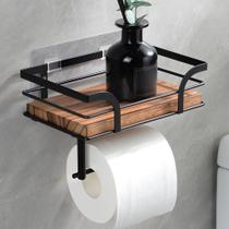 Suporte para Papel Higiênico YIGII com Prateleira Rústica de Madeira e Metal Preto Suporte para Papel Higiênico YIGII com Prateleira Rústica de Madeira e Metal Preto