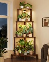 Suporte para Plantas Bamworld de 4 Níveis em Madeira para Canto com Luz de Crescimento Suporte para Plantas Bamworld de 4 Níveis em Madeira para Canto com Luz de Crescimento