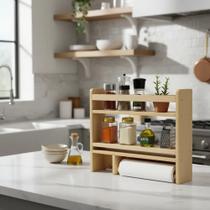 Suporte para Rolo de Papel Toalha e Porta Temperos de Parede em MDF Cru Organização para Cozinha