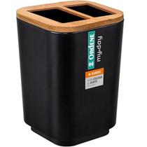 Suporte Porta Escova de Dente Plastico e Bambu para Pia Ordene Preto Suporte Porta Escova de Dente Plastico e Bambu para Pia Ordene Preto