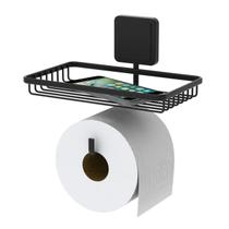 Suporte Porta Papel Higiênico Adesivo Com Porta Objetos Utensílios Banheiro Preto Fosco - 188PT Future