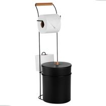 Suporte Porta Papel Higiênico Com Lixeira de Chão Banheiro Lavabo Eco Design Preto Arthi