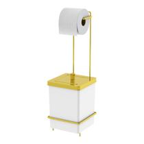 Suporte Porta Papel Higiênico Com Lixeira Quadrada 6,5 Litros De Banheiro Branco Dourado - 1632BCD Future Suporte Porta Papel Higiênico Com Lixeira Quadrada 6,5 Litros De Banheiro Branco Dourado - 1632BCD Future
