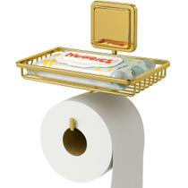 Suporte Porta Papel Higiênico Papeleira Com Suporte Celular Lenço Umedecido Banheiro Lavabo Fixação Fita Adesivo Dupla Face Sem Furo Dourado Future
