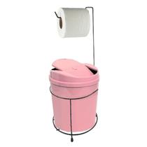 Suporte Porta Papel Higiênico Preto Com Lixeira 5L Cesto Lixo Rosa Tampa Basculante Banheiro - 460 AMZ