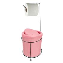 Suporte Porta Papel Higiênico Preto Com Lixeira 5L Cesto Lixo Rosa Tampa Basculante Redondo Banheiro - 454 AMZ Suporte Porta Papel Higiênico Preto Com Lixeira 5L Cesto Lixo Rosa Tampa Basculante Redondo Banheiro - 454 AMZ