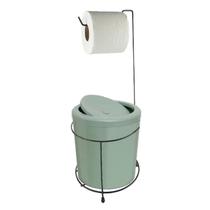 Suporte Porta Papel Higiênico Preto Com Lixeira 5L Cesto Lixo Verde Tampa Basculante Redondo Banheiro - 453 AMZ