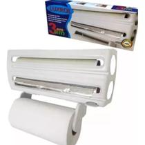 Suporte Porta Papel Toalha Rolo Alumínio Filme Branco Cozinha Prático Corte LuxRol 3EM1