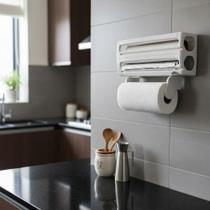Suporte Porta Papel Toalha Rolo Alumínio Filme Branco Cozinha Prático Corte LuxRol 3EM1