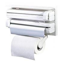 Suporte Porta Papel Toalha Rolo Triplo Alumínio Filme Branco Cozinha Com Cortador e Para Parede