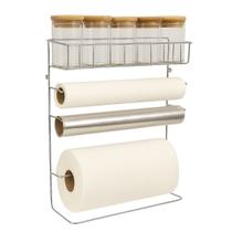Suporte Porta Rolos Papel Toalha e 5 Potes Herméticos Para Tempero Vidro Tampa Bambu 90ml - Mundial Casa