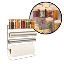 Suporte Porta Rolos Papel Toalha e 5 Potes Herméticos Vidro Tampa Bambu 90ml - Aramig