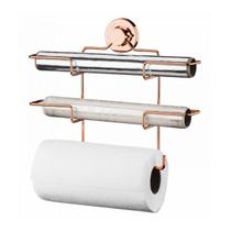 Suporte Porta Rolos Triplo Papel Toalha PVC Alumínio Fixação Ventosa Rose Gold