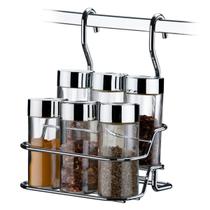 Suporte Porta Temperos 6 Potes 90ml Com Suporte Para Barra De Cozinha Organizador Cromado 7 Peças Para Cozinha Bancada