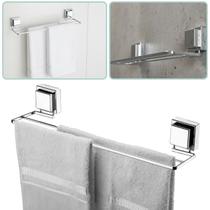 Suporte Porta Toalha Duplo 45cm Banheiro Com Ventosa Cromado