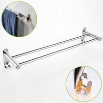 Suporte Porta Toalha Toalheiro 60cm Com Gancho Duplo Inox Polido Cola ou Parafuso Banheiro Elegante