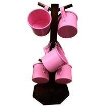 Suporte Rústico com 6 Canecas de Café - Chá Esmaltadas - Rosa