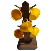 Suporte Rústico com 6 Xicaras de Café Acrílica Cristal - Amarela Suporte Rústico com 6 Xicaras de Café Acrílica Cristal - Amarela